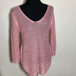 New York & Company red open knit V-neck tunic sweater medium 3/4 sleeves
